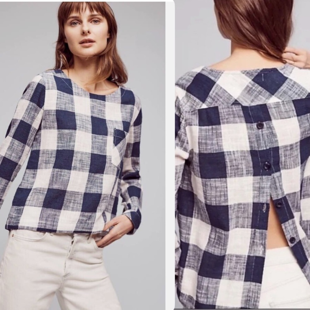 Cloth and Stone anthropologie checkered blue and white buttoned back blouse top